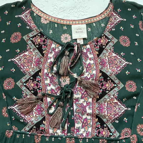 Knox Rose XL Boho Peasant Prairie Green Floral MIDI Dress Rayon - Picture 6 of 11